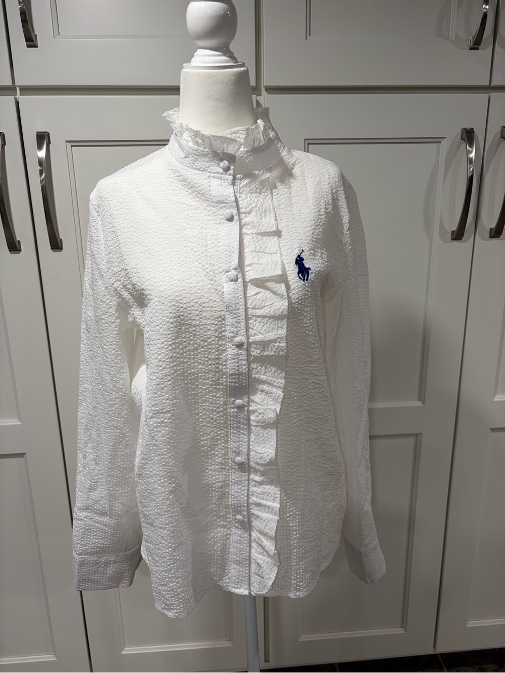 Ralph Lauren White Seersucker Ruffle-Front Blouse with Navy Pony